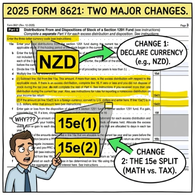 Diagram of 2025 Form 8621 Part V showing the new currency code and Line 15e split