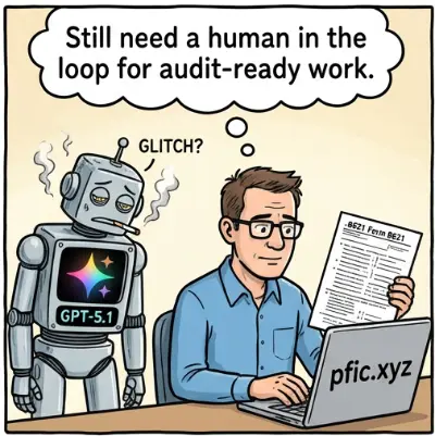Conceptual illustration showing a robotic hand holding a complex tax form being blocked by a large red warning sign.
