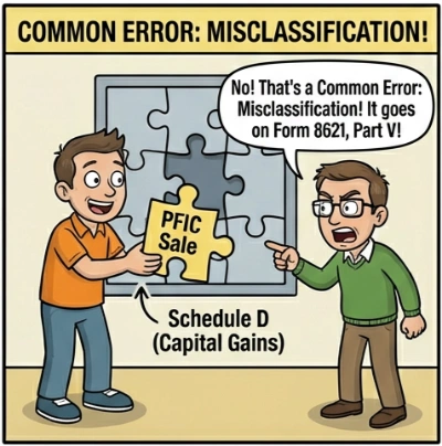 Illustration showing a confused character trying to force a 'PFIC Sale' puzzle piece into a 'Schedule D' slot, captioned 'Common Error: Misclassification!'