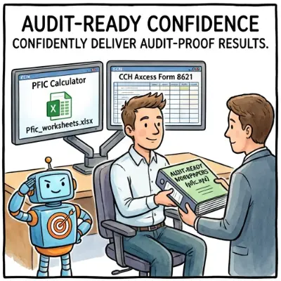 Tax professional confidently handing over a stack of detailed PFIC audit workpapers