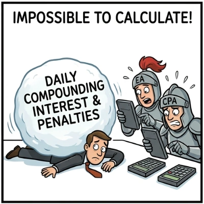 Illustration of a stressed CPA trying to calculate daily compounded interest with a basic calculator and spreadsheet