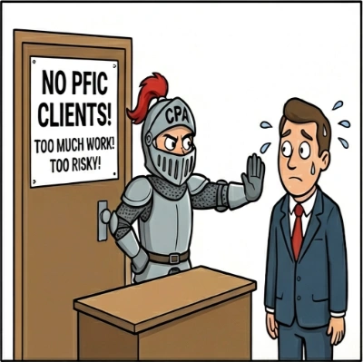 Illustration of a CPA refusing to take on a client with PFIC investments due to complexity and risk