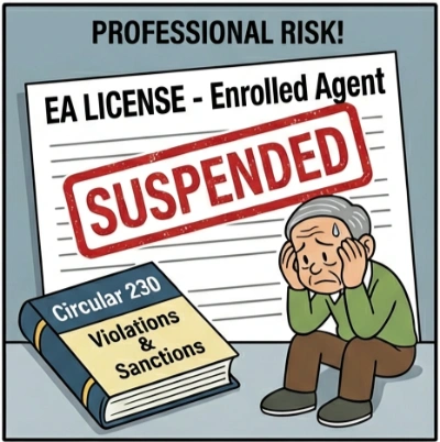 Conceptual illustration showing an Enrolled Agent license being revoked or stamped 'VOID' due to Circular 230 violations