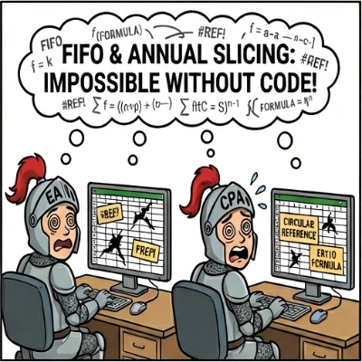 Diagram demonstrating the structural inability of spreadsheets to handle recursive multi-year FIFO lot tracking
