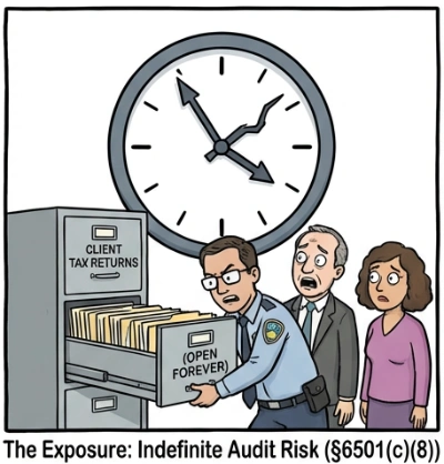 Visual representation of IRS Statute of Limitations staying open indefinitely due to form 8621 defects