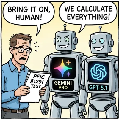 Illustration depicting the complex multi-step requirements of a PFIC Sec 1291 calculation causing accountant stress, alongside logos for Gemini and GPT AI models.