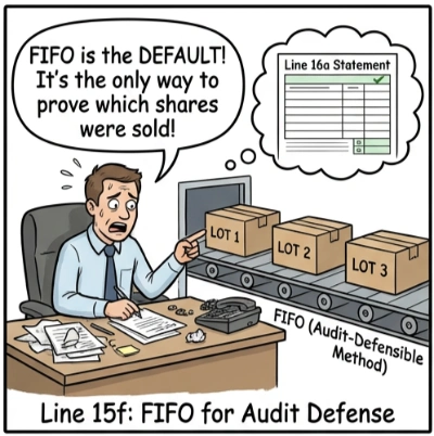 Diagram showing FIFO (First-In First-Out) as the default method for PFIC stock dispositions