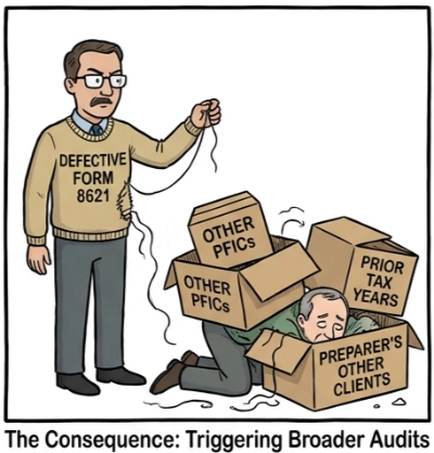 Diagram showing how a single Line 16a defect triggers an expanded audit scope across multiple years and entities