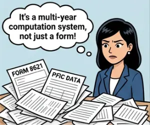 Illustration showing PFIC compliance as a complex, multi-year computational system beyond just a form