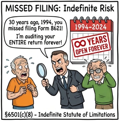 IRS statute of limitations timeline for PFIC taxpayers showing indefinite exposure