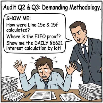 Diagram showing Form 8621 Line 15e excess distribution calculation logic and strict block rule definition
