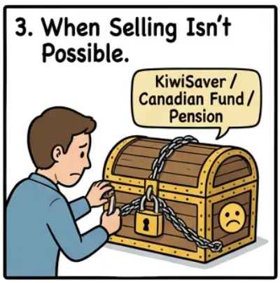 Illustration of investment funds like KiwiSaver or Pensions locked inside a vault, symbolizing the inability to sell