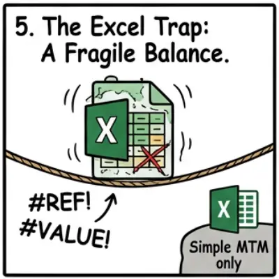 Conceptual graph showing how Excel spreadsheets become unmanageable for PFIC MTM calculations as years and partial dispositions are added