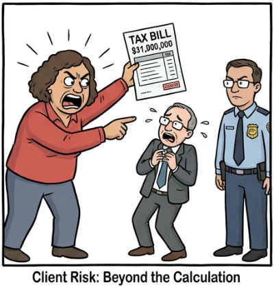 Risk cycle diagram: Defective PFIC reporting harms the client, creating professional liability exposure for CPAs and EAs