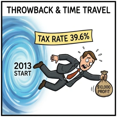 Visual timeline showing PFIC gains being allocated retroactively to prior years like time travel