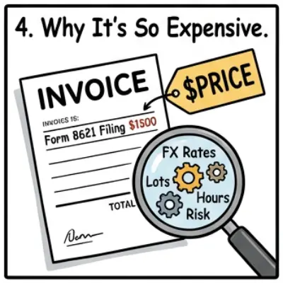 Iceberg diagram showing 'Form 8621' as the small visible tip, and 'Data Cleaning, FIFO, FX, Interest' as the massive hidden mass