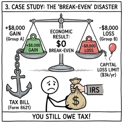 Chart showing $8000 Gain vs $8000 Loss resulting in a tax liability