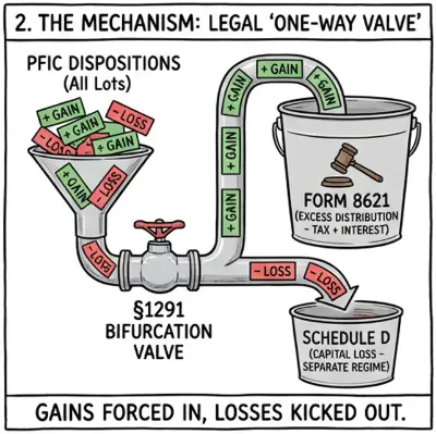 Flowchart showing gains flowing to Form 8621 and losses to Schedule D
