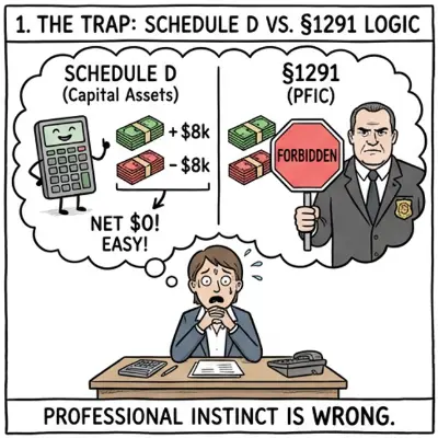 Diagram comparing Schedule D Netting vs PFIC 1291 Segregation