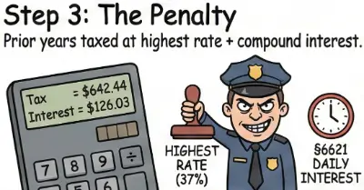 Stacked bar chart showing §1291 tax portion versus the significant §6621 interest penalty portion